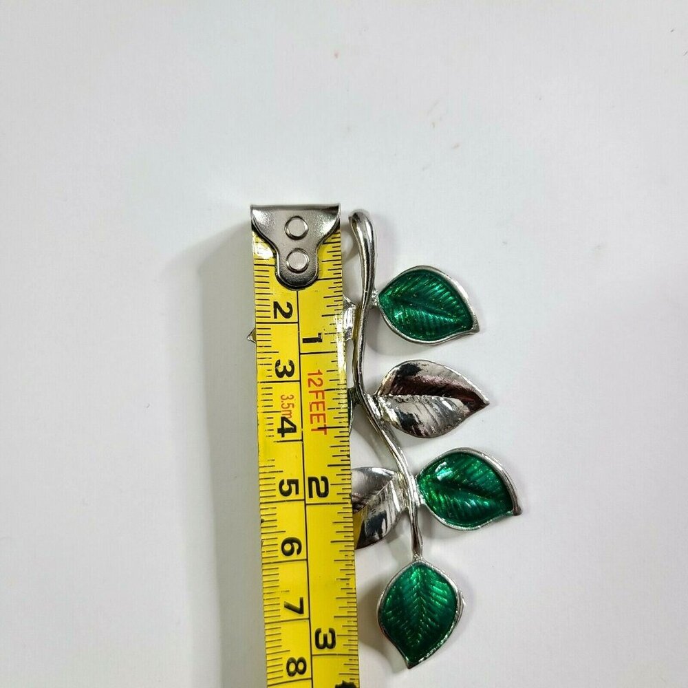Multi Leaf Pendant Silvertone + Green 3" Long 1.5" Wide Polished Shiny - Picture 3 of 8